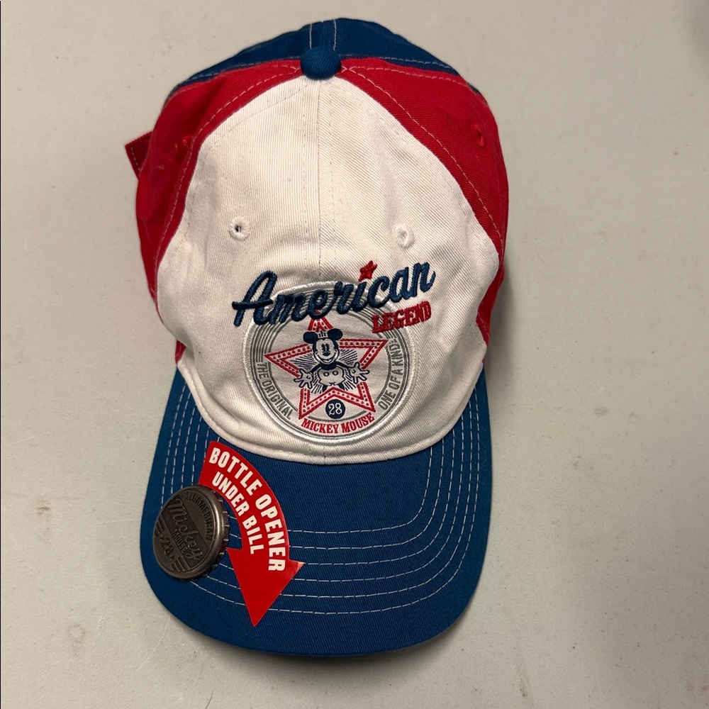 Disney Mickey Mouse “American Legend” Red White Blue Cap with bottle opener